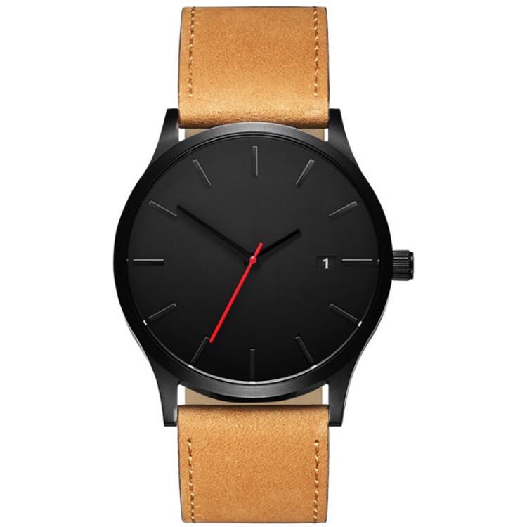 Men s Large Dial Leather Strap Quartz Watch with Calendar