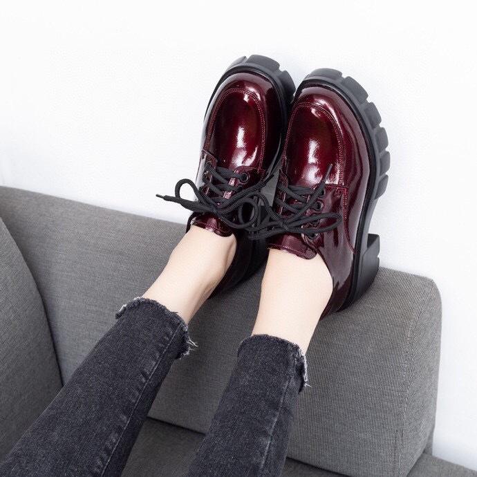 Women's Shoes Spring New Thick-soled First-layer Cow Patent Leather Muffin Bottom Deep-mouth Lace-up Single Shoes