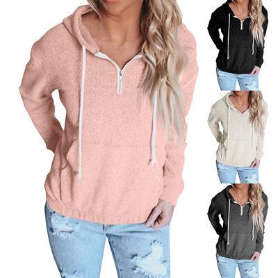 Damen Einfarbig Kapuzenpullover mit Kordelzug Halber Reißverschluss Langarm Pullover Lässiges Sweatshirt Oberteil
