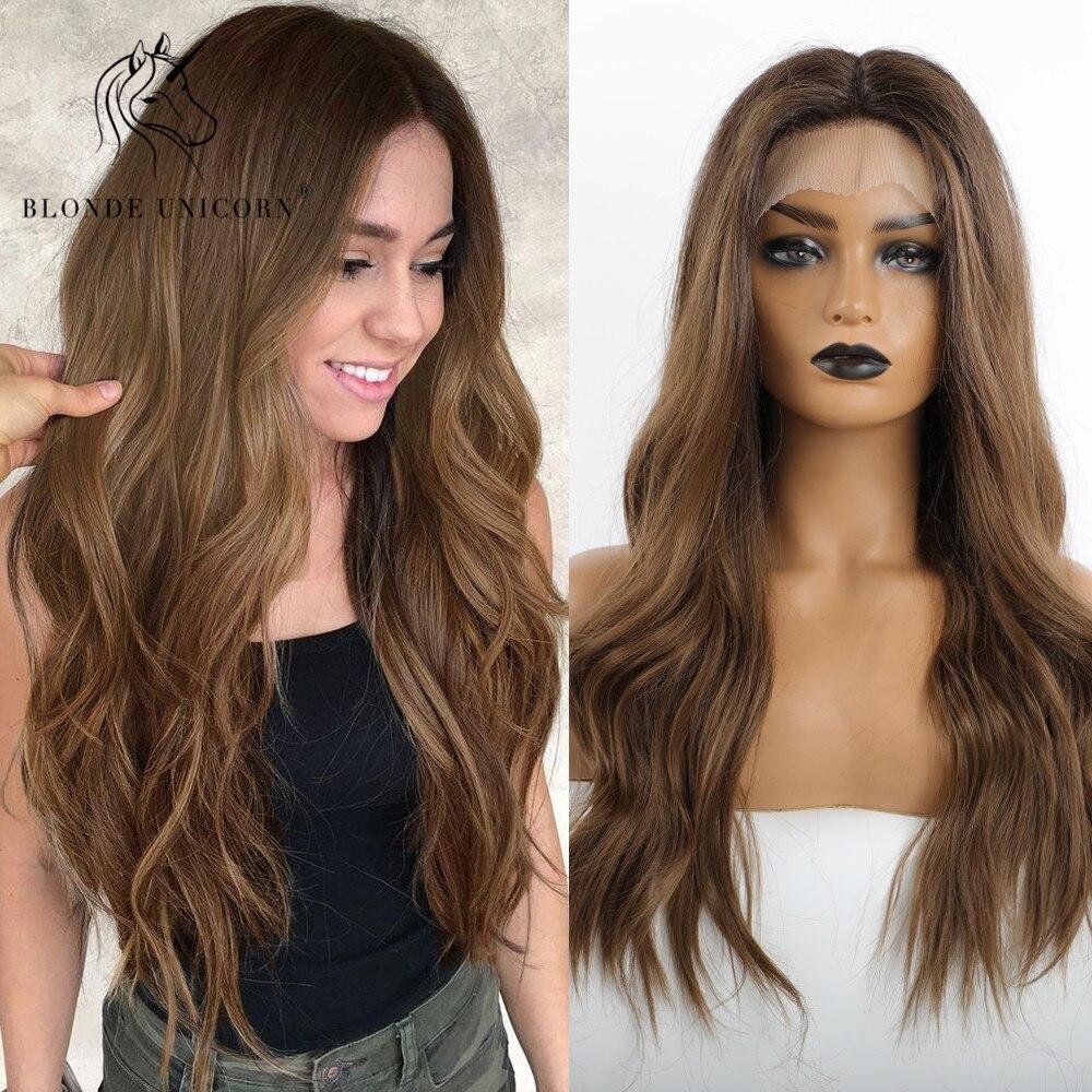 BLONDE UNICORN Krajková část Syntetická Dlouhá vlnitá paruka Hnědé kořenové Ombre Blond vlasy Paruky pro černé bílé ženy Denní vlasy