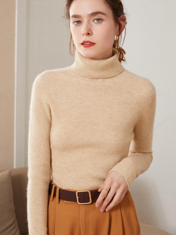 Women's High Neck Ribbed Cashmere Sweater - Slim Fit, Versatile Knit Top