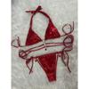 Women S Solid Crystal Diamond Strappy Split Triangle Bikini Swimsuit