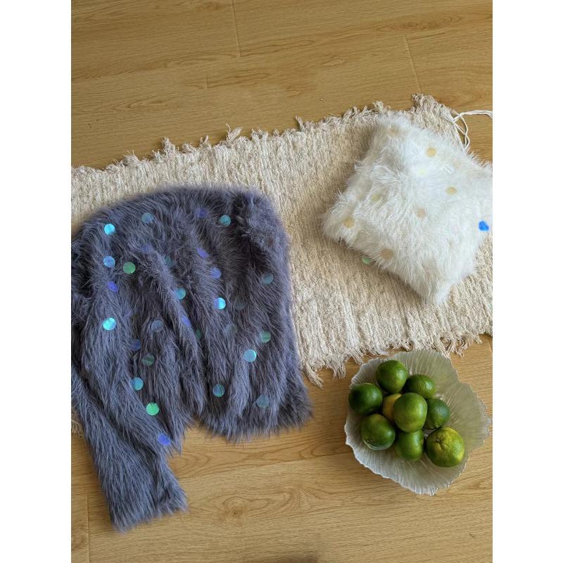 Autumn and winter new sequins sweet soft waxy imitation mink fleece sweater pullover round neck gentle knitted sweater top women