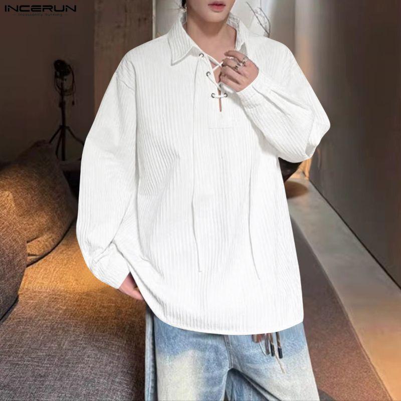 INCERUN Men Long Sleeve Bandage Eyelet Decorative Texture Casual Loose Pullover Tops