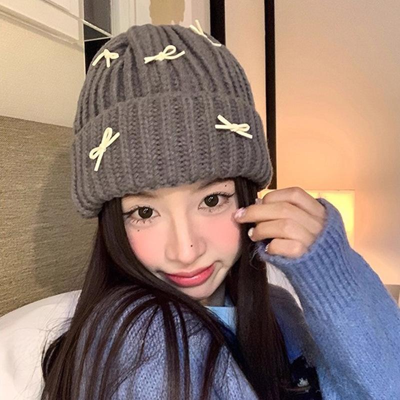 Korean Version Simple Solid Color Bow Plush Hat for Women In Autumn and Winter New Thickened Warm and Cold Proof Knitted Head Hat