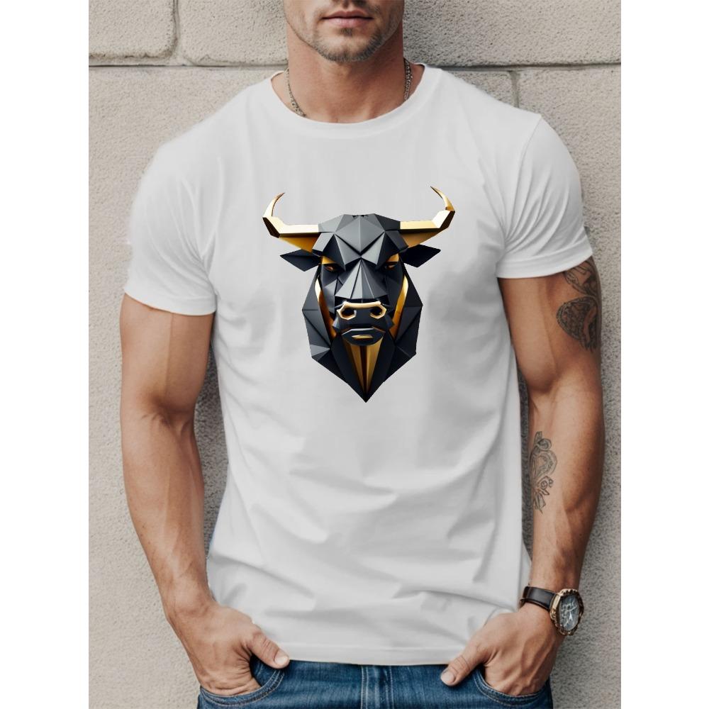 European Sizes Men's T-Shirt - Short Sleeve Summer Top with Bull Horns, Round Neck Casual Shirt, for Casual Attire & Social Events