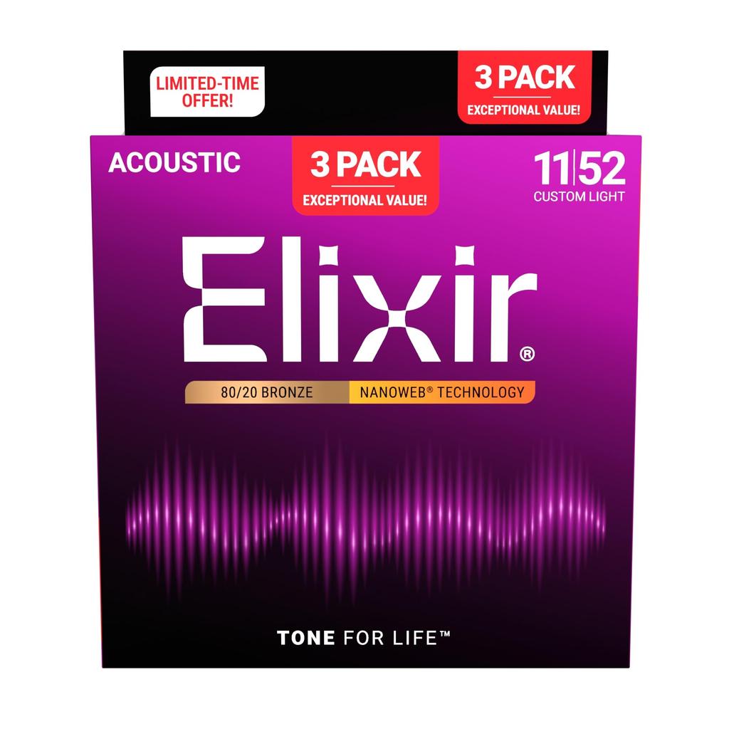 Elixir Acoustic Guitar Promotional NANOWEB Bronze Custom Light Strings, 3-Pack Pack, 80/20 .011-.052 #16564 (11027, 3-Pack)