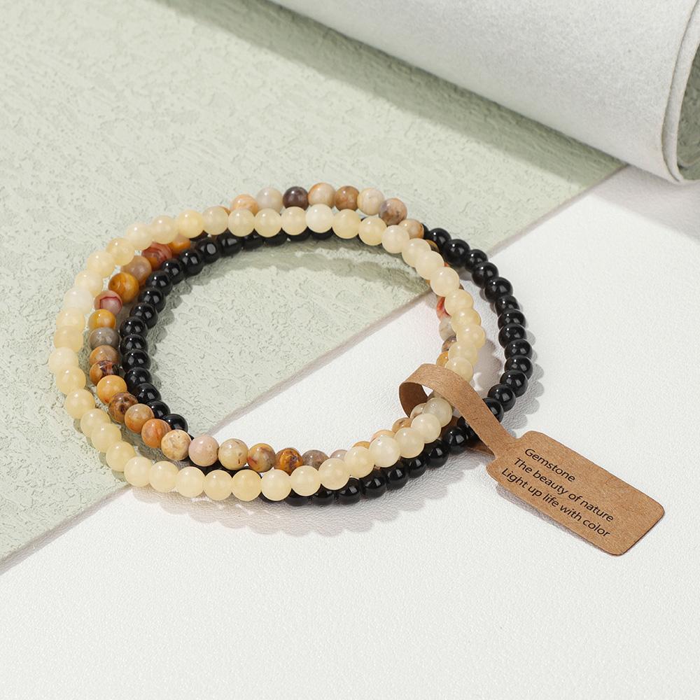 3Pcs/set Natural Green Stone Bracelet 4mm Moss Agates Black Onyx Cat Eye Beads Elastic Bracelets For Women Men Simple Jewelry