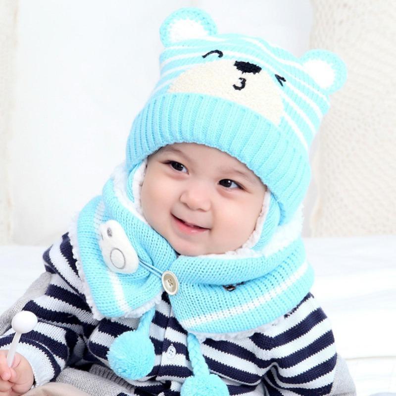 Winter Kids Baby Girls Boys Cartoon Bear Stripe Knit Hat Cap Woolen Yarn Scarf  Hat Keep Warm Set For Outdoor