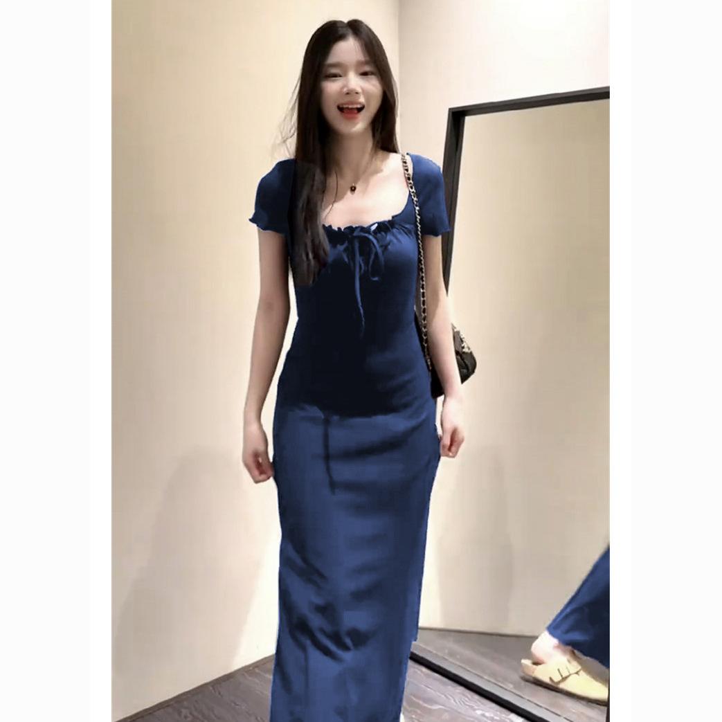 

#Ice silk thread, summer royal sister style navy blue dress women s tight sexy hip-wrapped dress S темно-синий