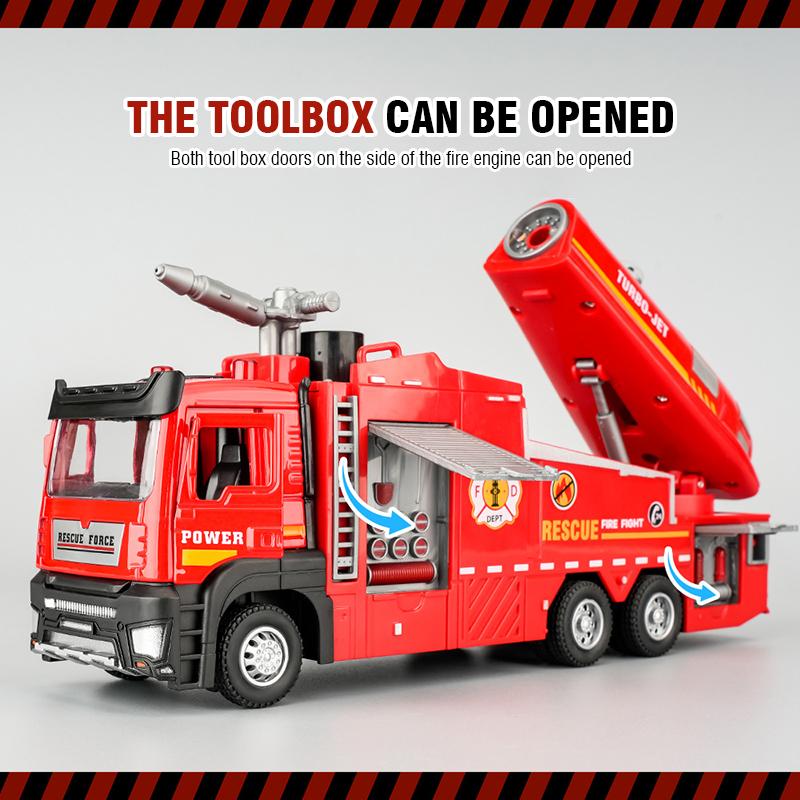 1/32 Spray Fire Engineering Truck Car Toy Model Alloy Diecast Sound Light Rubber Tires Vehicle Collection Kids Toys Christmas