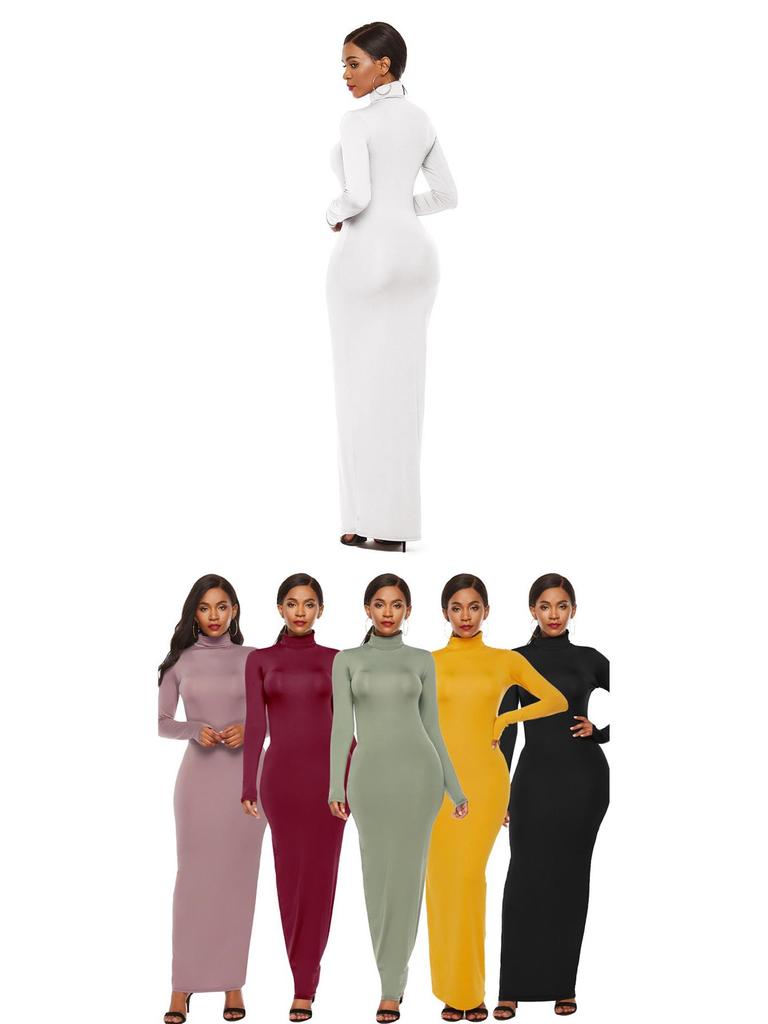 Elastic High-Neck Long-Sleeve Maxi Dress