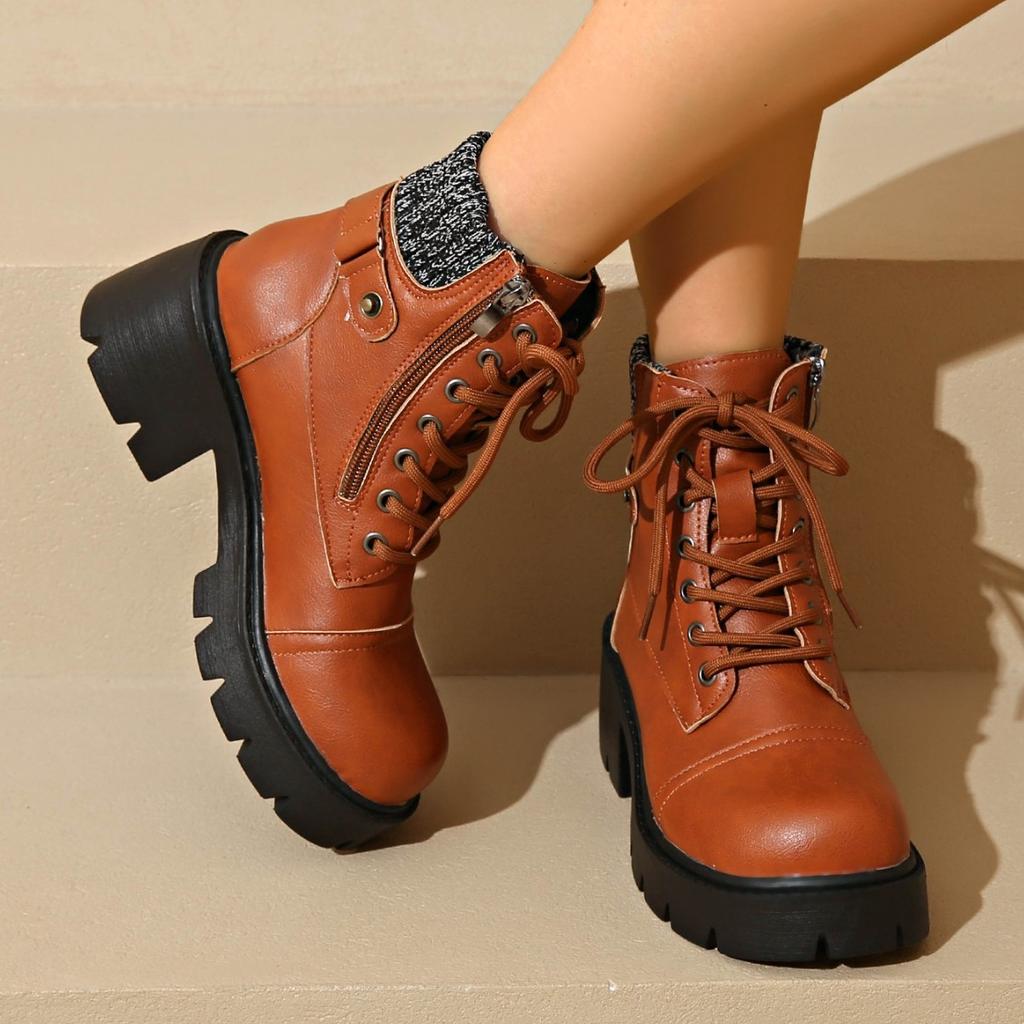 Women'S Fashion Ankle Boots with Side Zipper, Low Heel,-