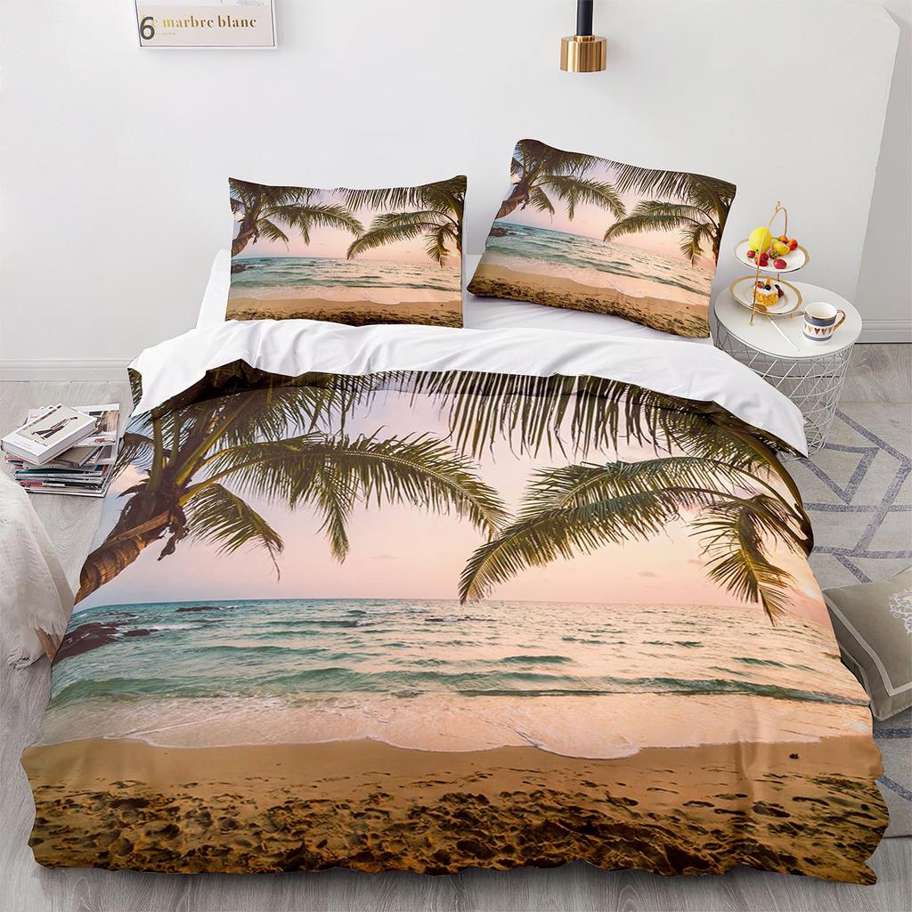 Seaside Scenery Bedding Set Sand Bed Linen Home Decor Single Double Twin Size For Boys Girls Adults Sunset Tree Duvet Cover Set