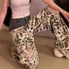 Hotsweet Leopard Printed Patchwork Trousers Female Clothing Fashionable Ripped Spring Autumn American High Waist Wide Leg Jeans