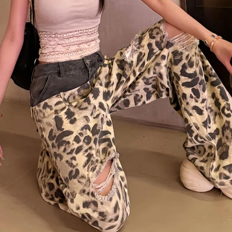 Hotsweet Leopard Printed Patchwork Trousers Female Clothing Fashionable Ripped Spring Autumn American High Waist Wide Leg Jeans