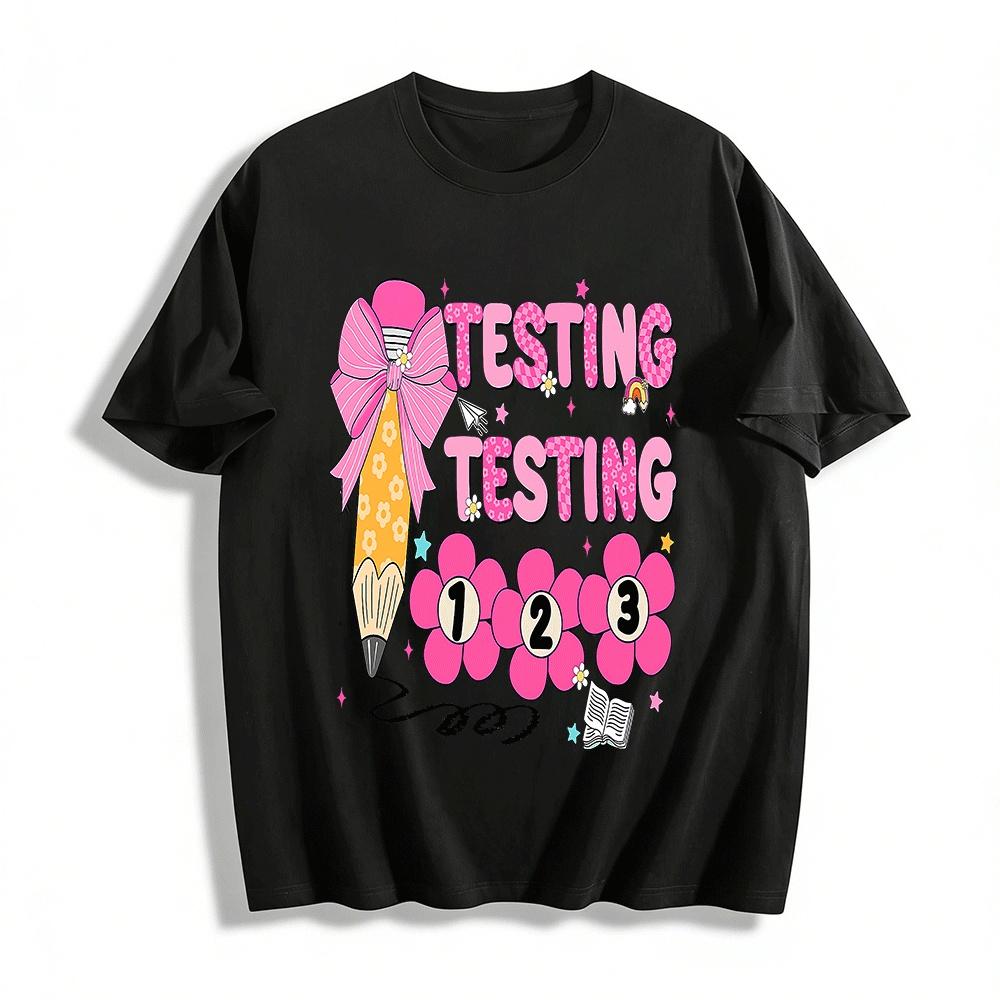 Testing 123 Fun Exam Season Pencil Flower Print Casual T-Shirt Pure cotton T-shirt XXS