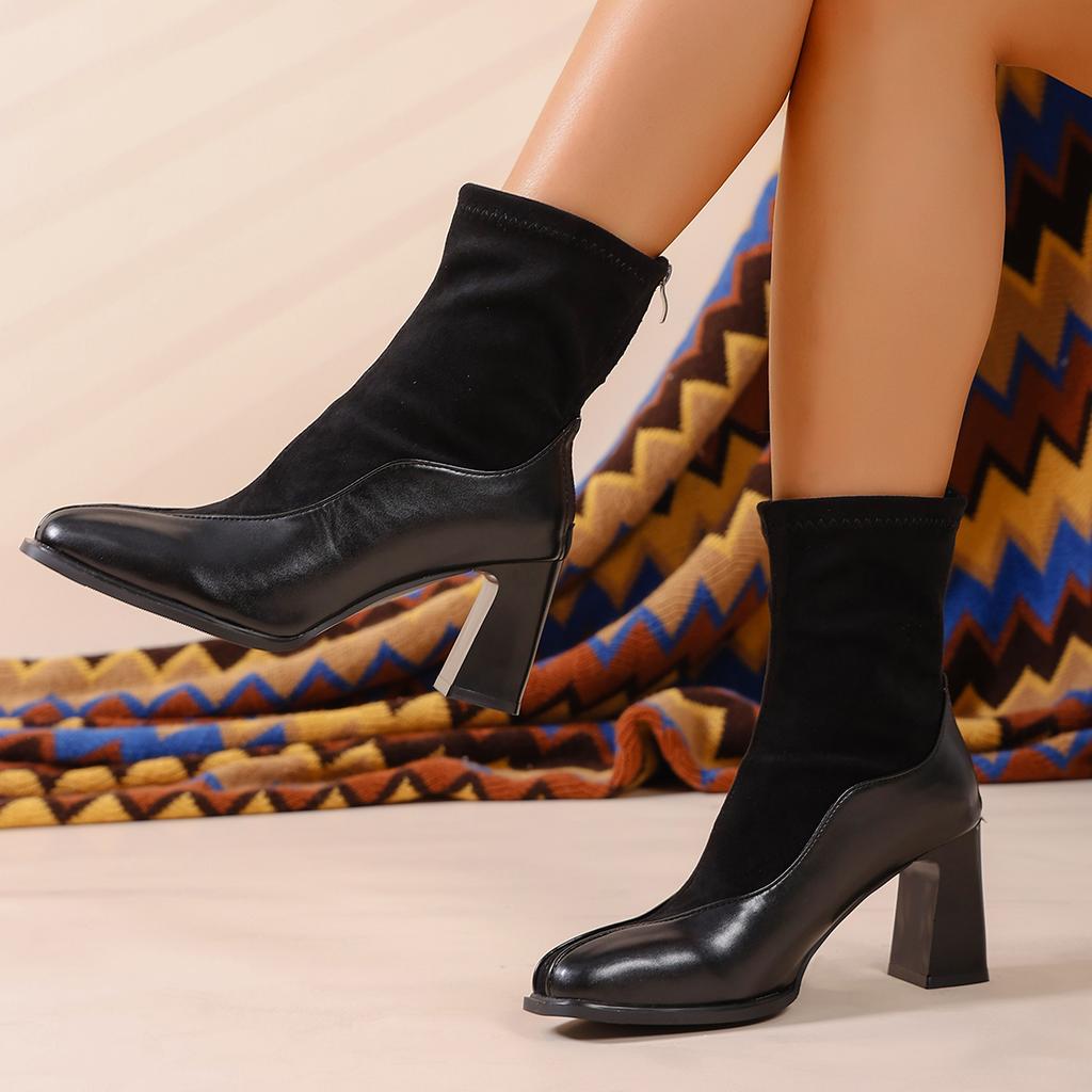 Bottines Vintage à Talons Épais et Bout Carré pour Femmes Fermetures Éclair Arrière Automne Hiver Chaussures à Talons Hauts Dames Élégantes Amincissantes Bottines Courtes