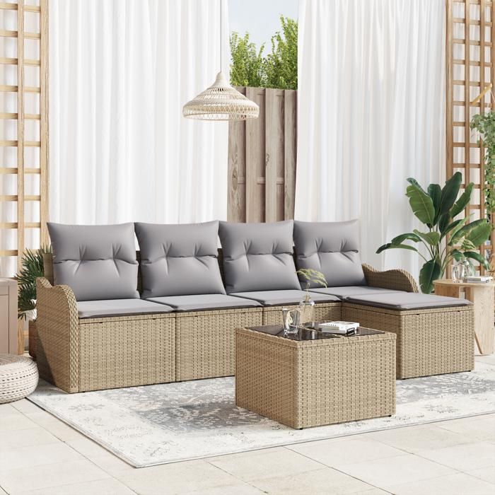Ensemble de canapé de jardin 6 pièces avec coussins en rattan poly noir, Canapé de jardin 2 places avec coussins en rattan 3345670