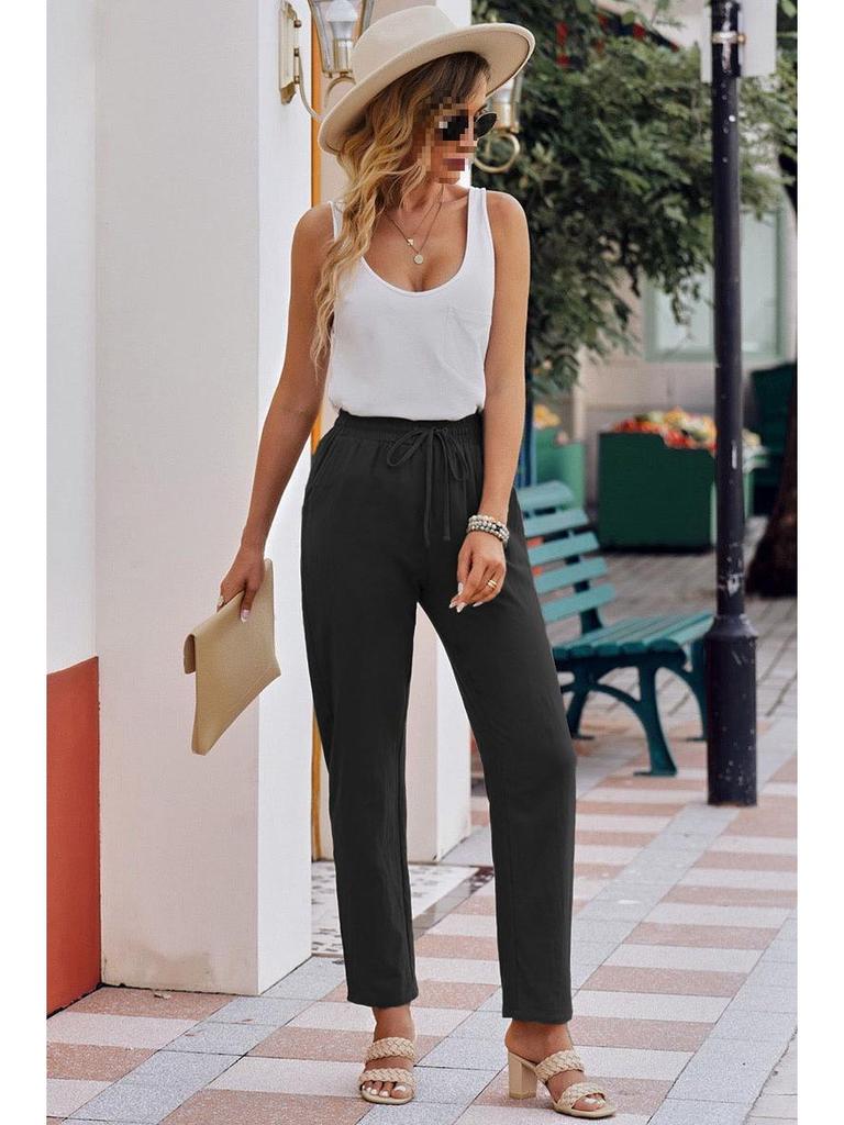 Herbst Damen Baumwoll-Leinen Kordelzug Weitbein Hose