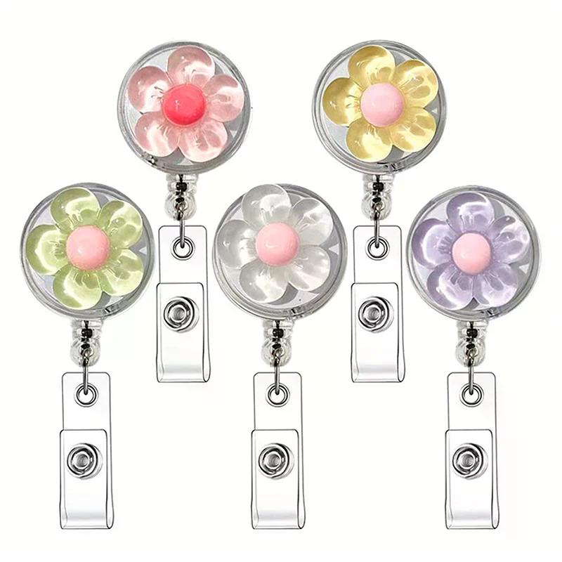 Cute Transparent Floral Badge Reel For Women Retractable Worker ID Card Pull Buckle Doctore Nurse ID Card Badge Holder Clip