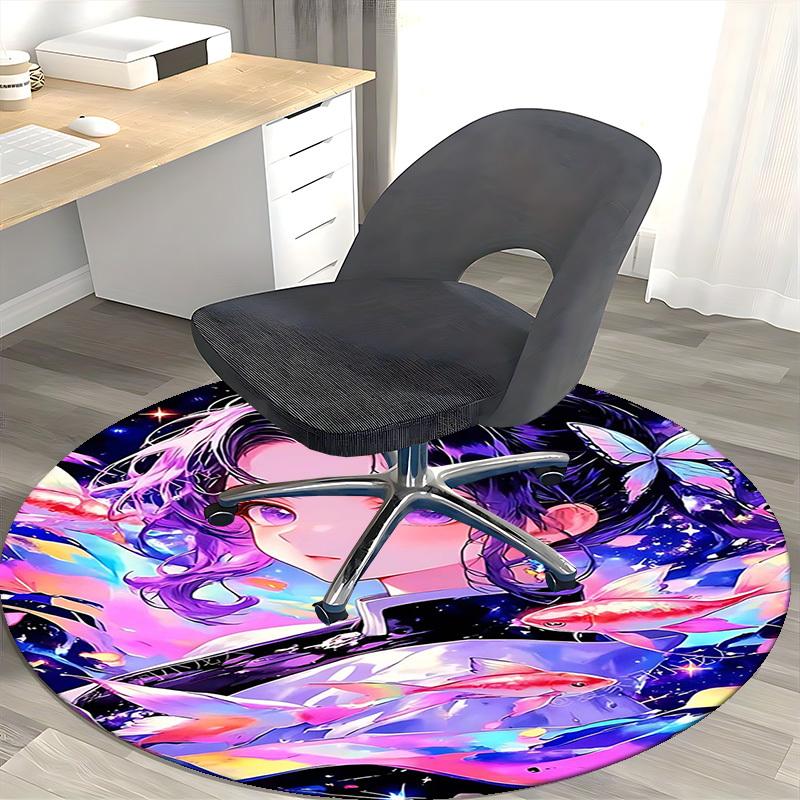 1pc Anime Design Round Carpet Office Chair Mat with Butterfly and Fish Print, Home Decor, Gaming Room, Gift
