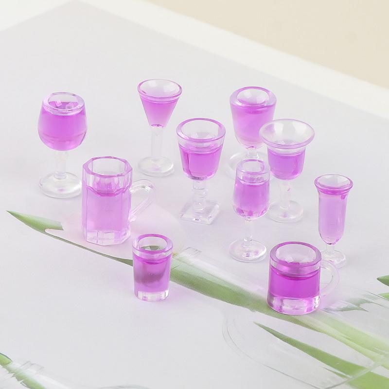 10Pcs Purple Cocktail Glass Miniature Wine Cup Beer Mug Wine Bottle Resin Model Dollhouse For Furniture House Decor Toy