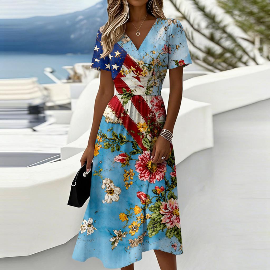 Women's Independence Day Print Casual Fashion Short Sleeve V-Neck Dress