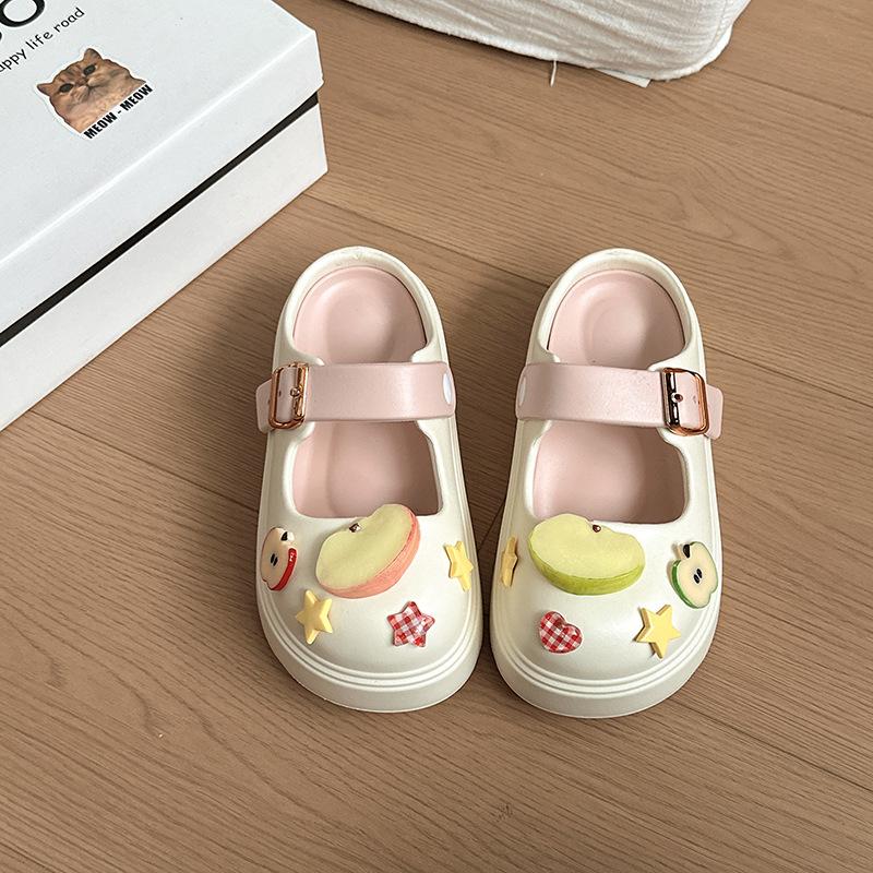 Girls Heart Fruit Accessories Cute Cartoon Platform Slippers Summer Leisure Beach Seaside Wear Hole Shoes Sandals