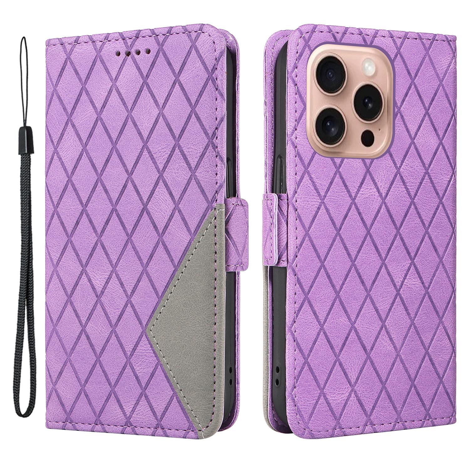 

Чехол для iPhone 16 Pro Кошелек из ПУ кожи с ромбовидной сеткой Чехол для мобильного телефона Light Purple