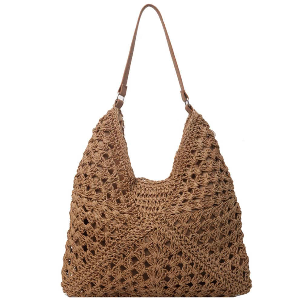Summer Straw Bag Hollow Out Hobo Bag Large Vacation Bag Solid Color Holiday Travel Handbag Boho Shoulder Purse for Women