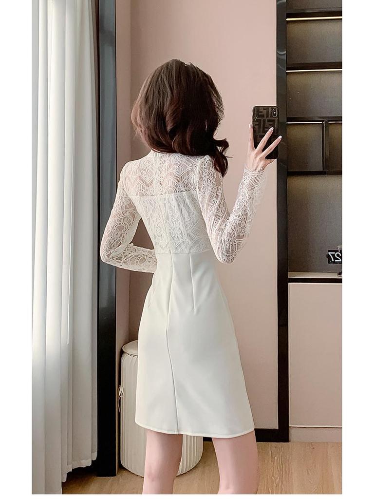 Elegant Lace Patchwork Semi-High Neck Dress: Waist-Cinching, Hip-Hugging Short Skirt