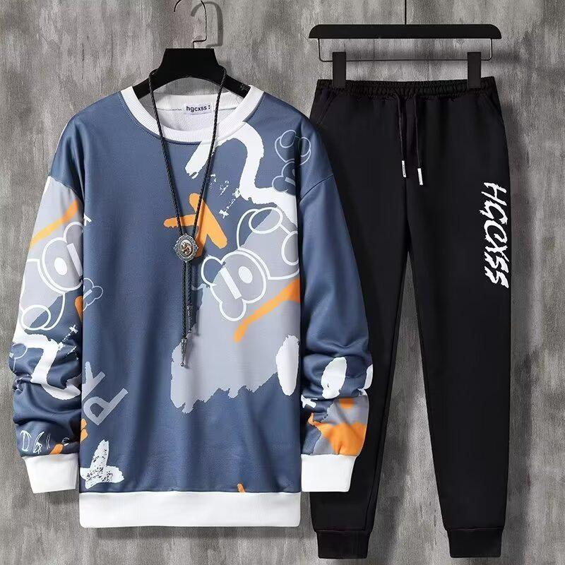 

Трендовый мужской спортивный комплект из двух предметов с принтом — длинный рукав, круглый вырез для подростков и студентов (Весна осень) 3XL