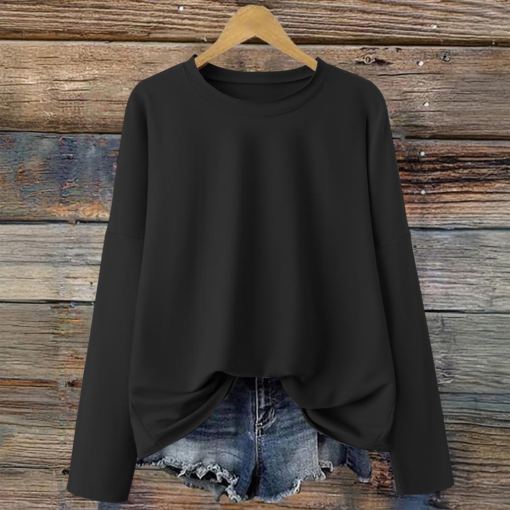 Women's Fashionable Solid Color Round Neck Long Sleeved Sports Casual Pullover Sweatshirt Top