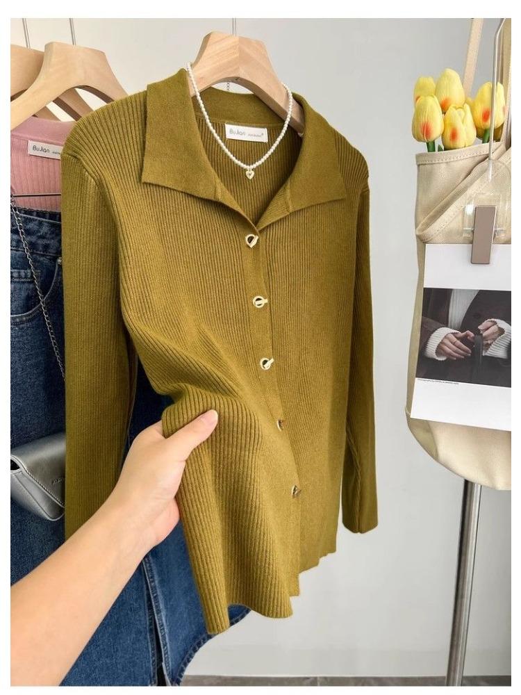 French Elegant Lapel Knitted Sweater Cardigan Women Spring Autumn Vintage Solid Polo Shirt Korea Chic Underneath A Base Layer Clothes