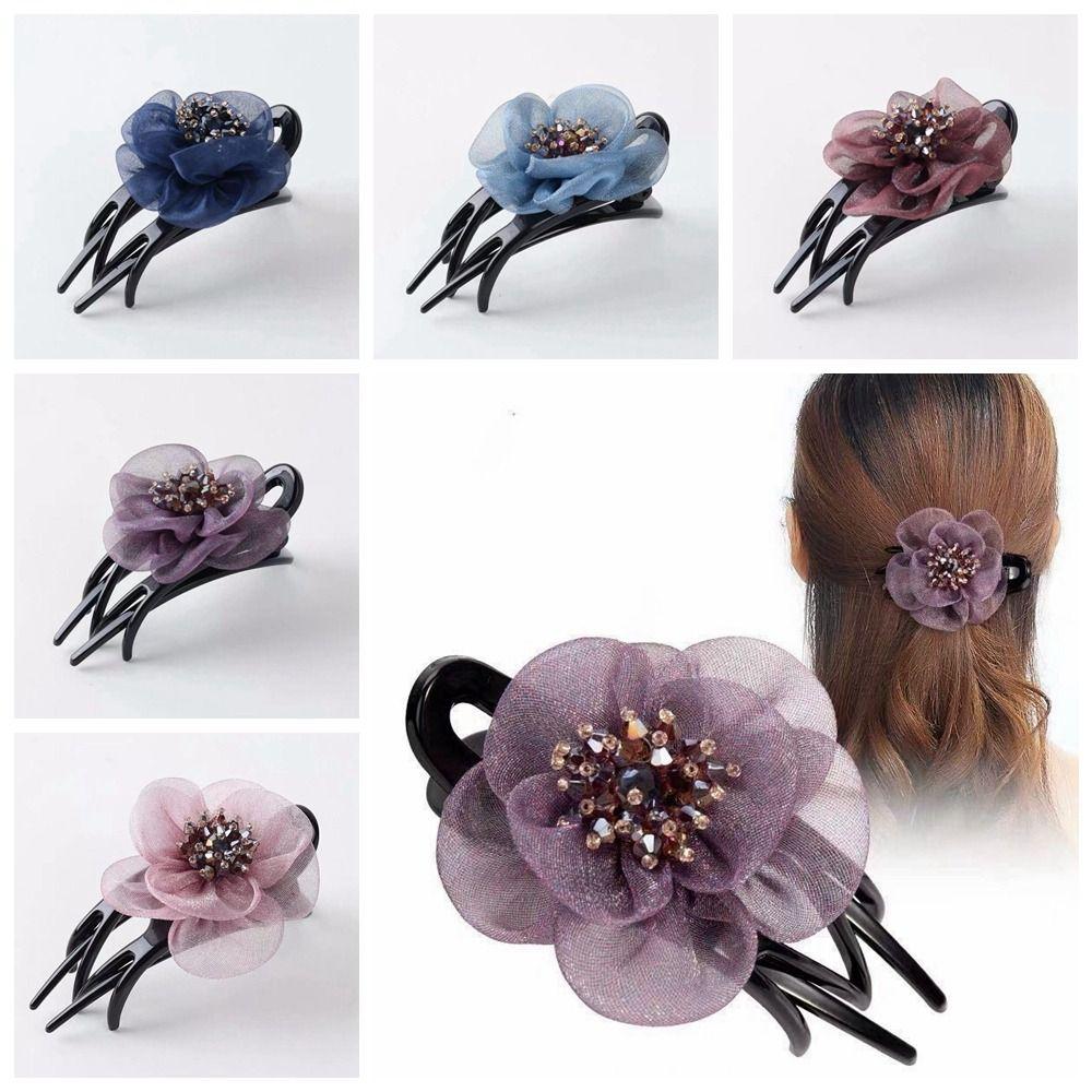 

Crystal Flower Hair Clip Korean Style Hair Claw Fashion Three Teeth Duckbill Clip Female