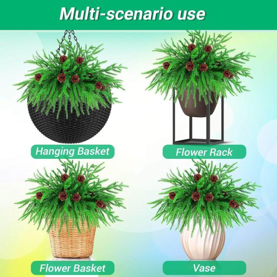 Simulated Pine Branch Faux Greenery Foliage Artificial Pine Sprig with Pine Cones Red Berries for DIY Wreath Home Vases Christmas Winter Parties