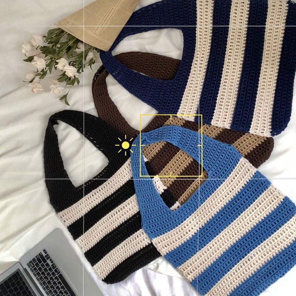 Crochet Knitted Handbags Simple Women's Shoulder Bags New Stripes Beach Bag Ladies/Girls