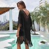 Beach Cover Up Dress V-Neck Woven Hollow Neckline Fringed Cuffs Hem Bikini Cover