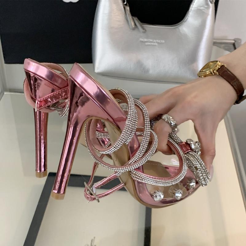 Fashion Fashion Transparent PVC Rhinestones Bowknot Women Pumps Sexy Ankle Strap Crystal Thin High heels Slingbacks Sandals Summer Shoes