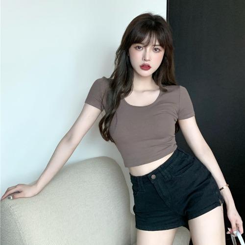 

T-shirt women s summer ins trendy white slim-fit short open-button pure desire wind sweet slim-fit short-sleeved top new M хаки