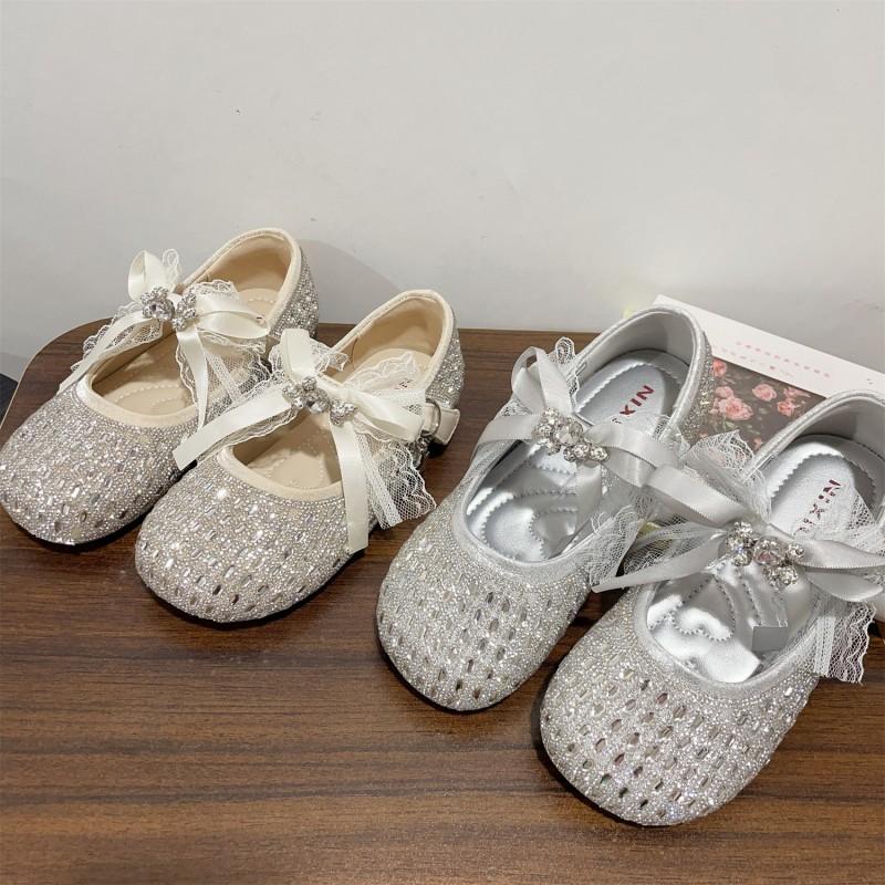 Youth Style Shoes Girls Sweet Bow Princess Flat Shoes With Rhinestone Decor PU Upper Rubber Sole Slip-On Style Toddler To Kid