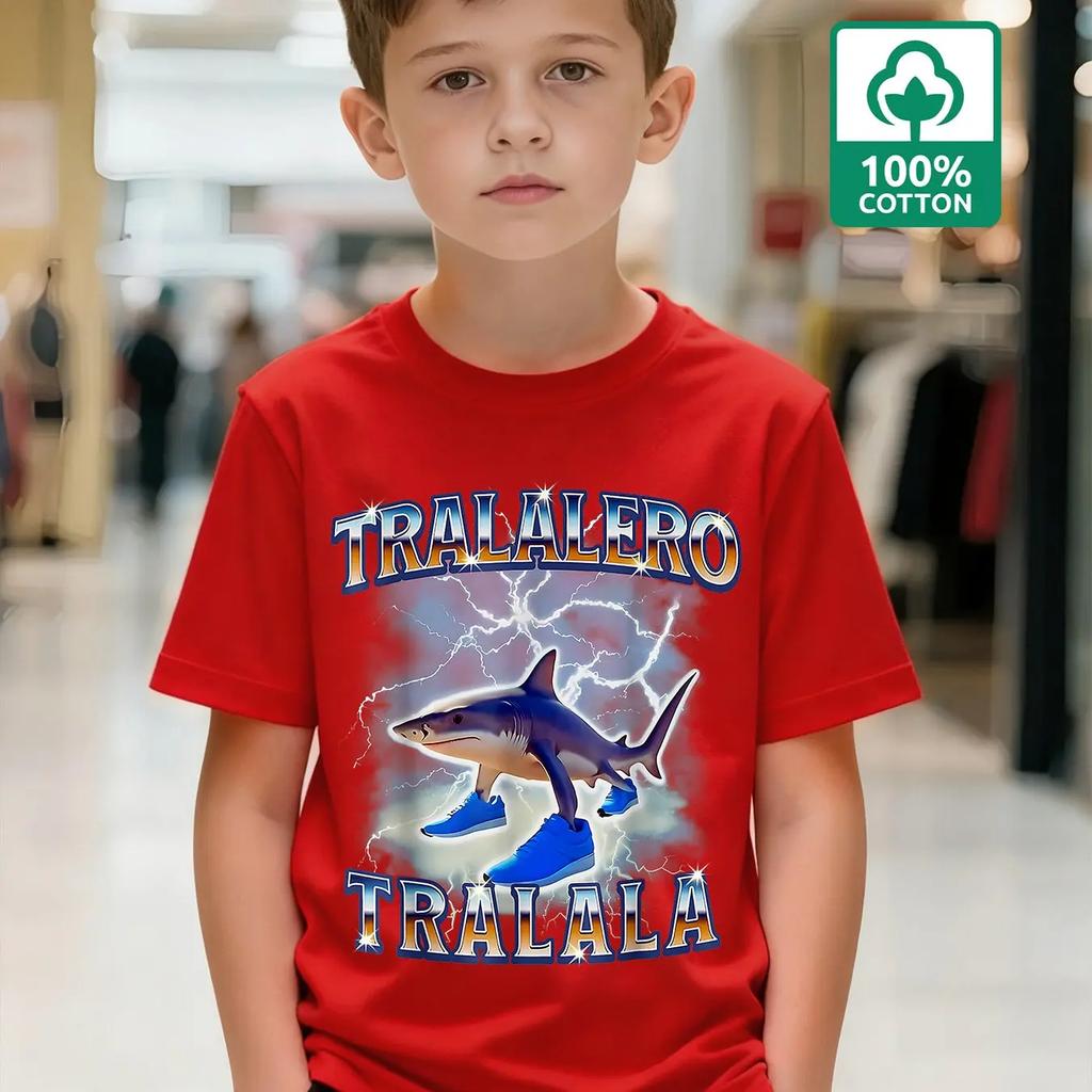 2026 Fashionable Boys' 100% Cotton Fun Shark Battle TRALALERO TRALALA Text Pattern T-Shirt Casual Everyday Children's Wear