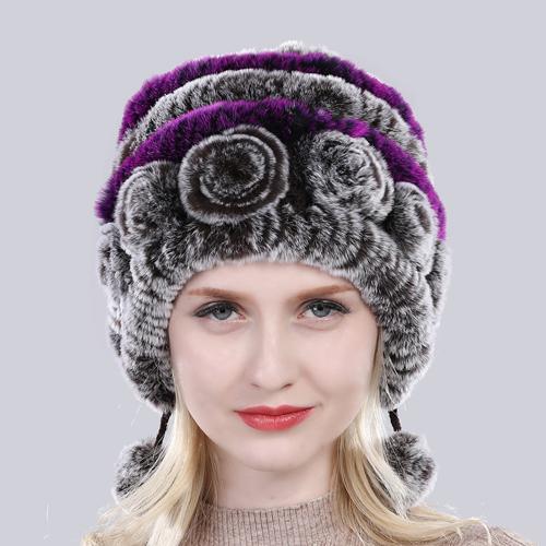 Sale Winter Women Flowers Striped Natural Real Rex Rabbit Fur Hats Lady Warm Knit Genuine Fur Caps Russian Outdoor Fur Hats