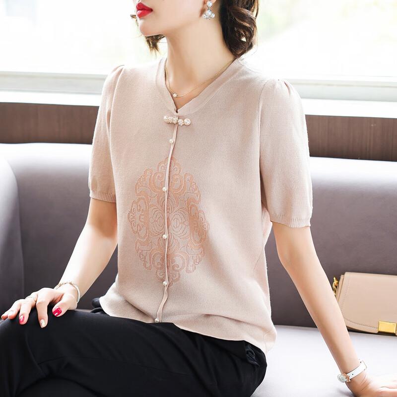 

Элегантная летняя вязаная футболка с пуговицами-дисками для женщин среднего возраста XL