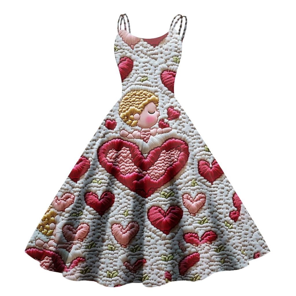 Women's Valentine's Day Love Heart Print Sexy Off Shoulder Vintage Dress