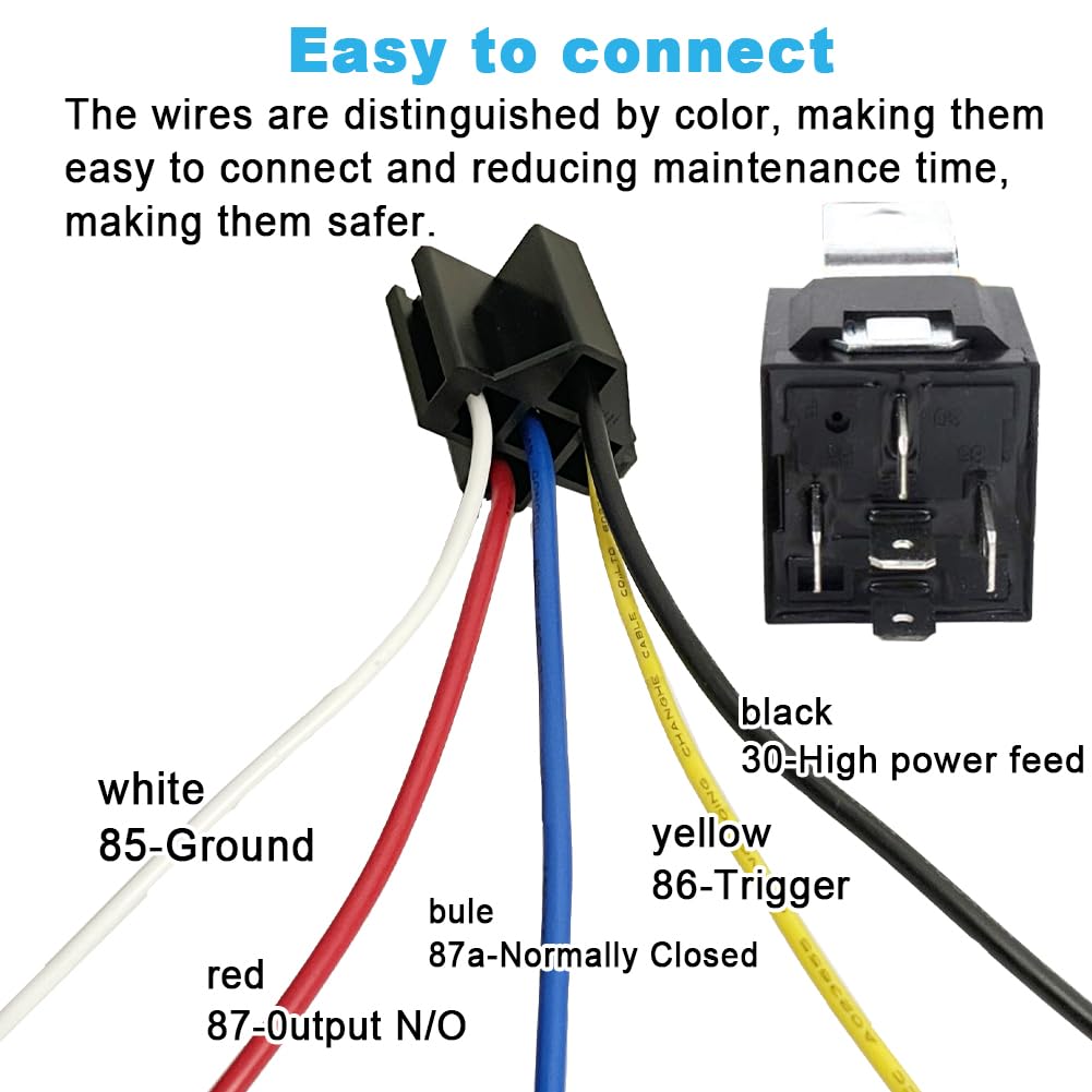 12V 5pin 40A Car Relay with SPDT Harness Sockets Color-Labeled Wires for Automotive Truck Van Motorcycle Boat Waterproof Relay Relays 5
