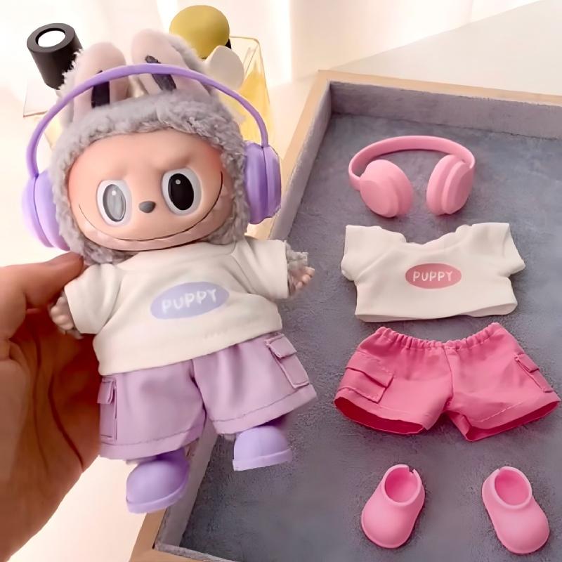 For Labubu Doll'S Clothes Outfit Accessories 15-17cm and 10cm Cotton Doll Cute Earphones T-shirts Shorts Outfit Clothing