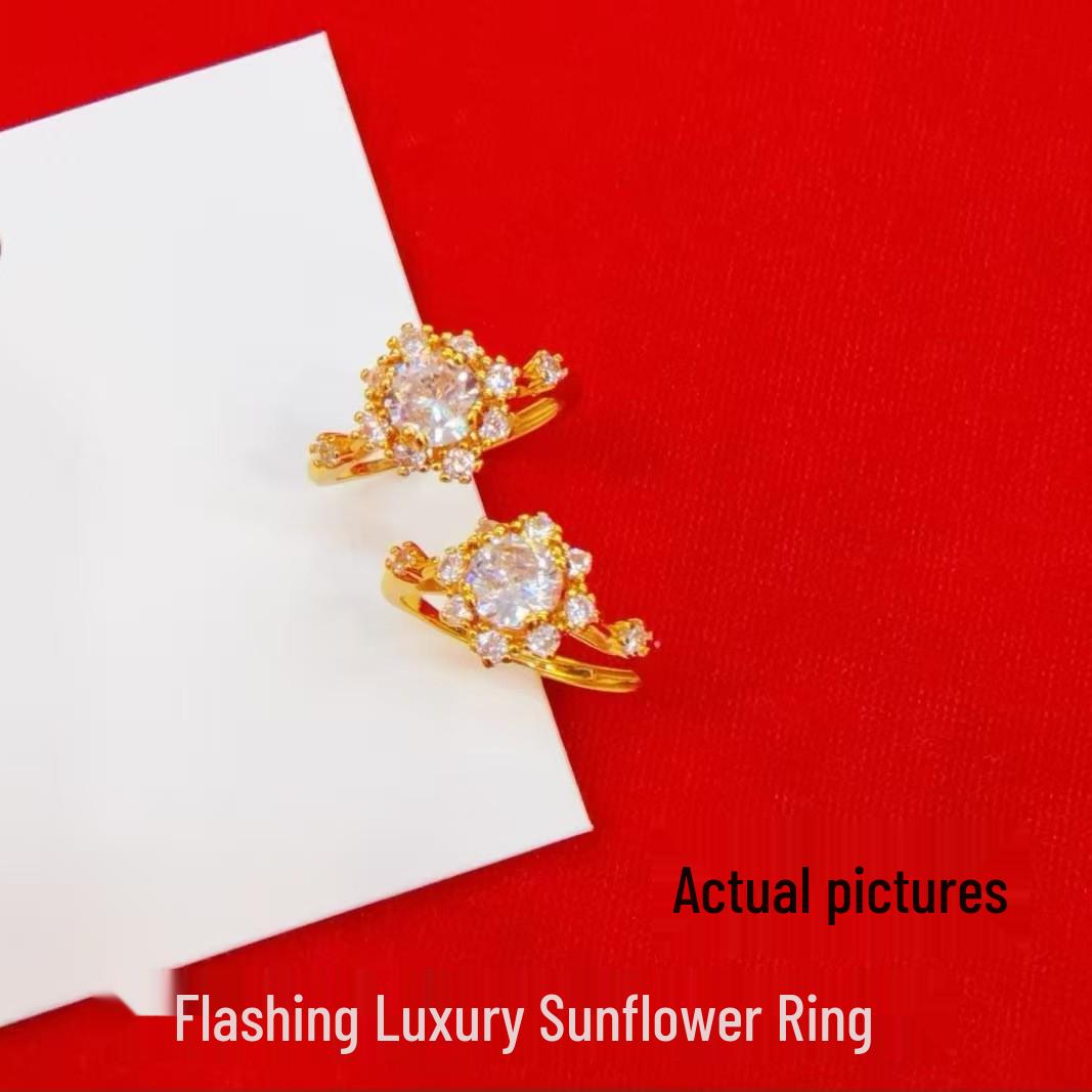 Vietnamese Gold Brushed Love Heart and Starburst Ring, Sunflower and Gesang Flower Design, Women s Elegant Jewelry