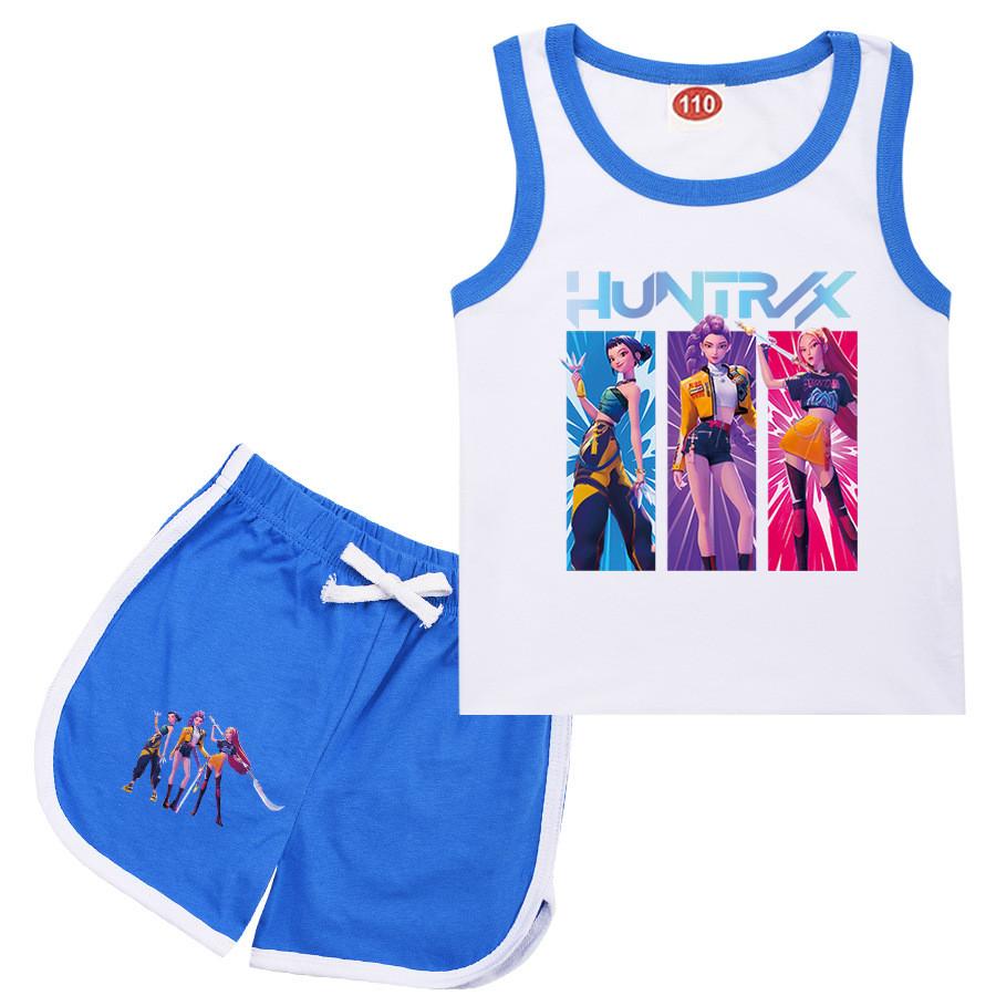 

Детский Девочки Аниме Мультфильм K-Pop Руми Принт Хлопок Без рукавов Футболка Майка Шорты Набор Одежды 170cm синий